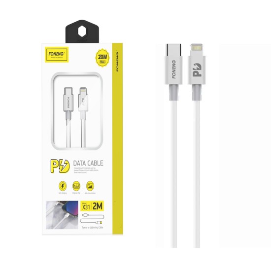 Cabo de Dados Rápidos Foneng X31 Tipo C a Relâmpago PD 20W 2M 3A Branco